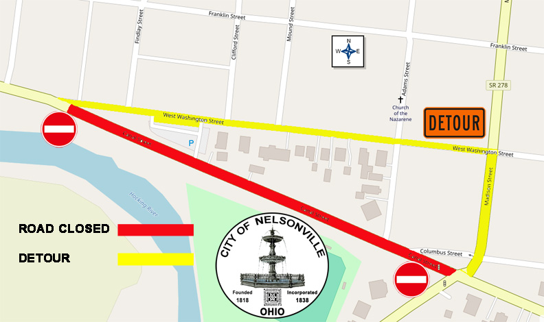 map of Nelsonville showing which section of Canal street will be closed