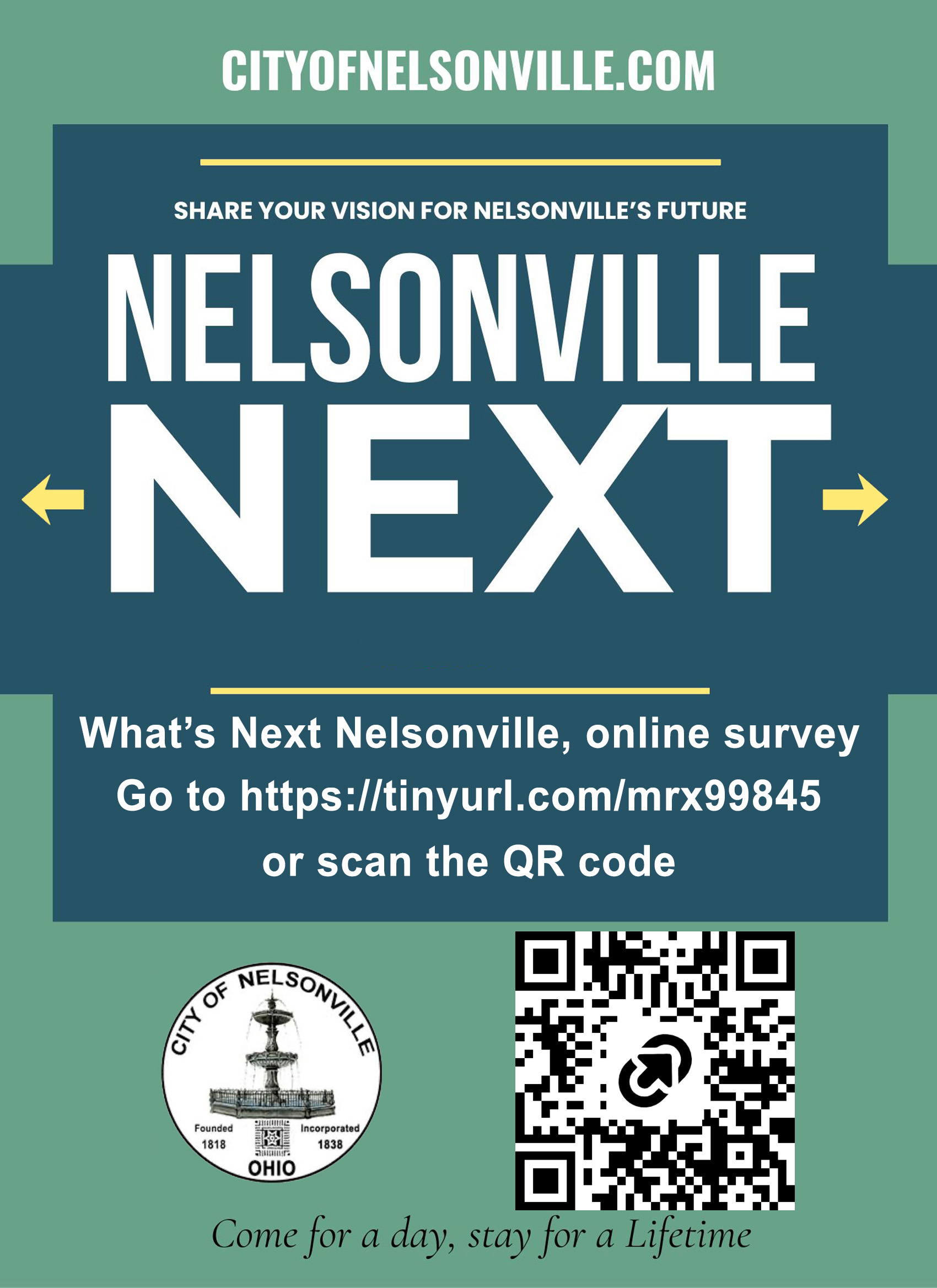 Info graphic with URL and QR code for Nelsonville Next survey
