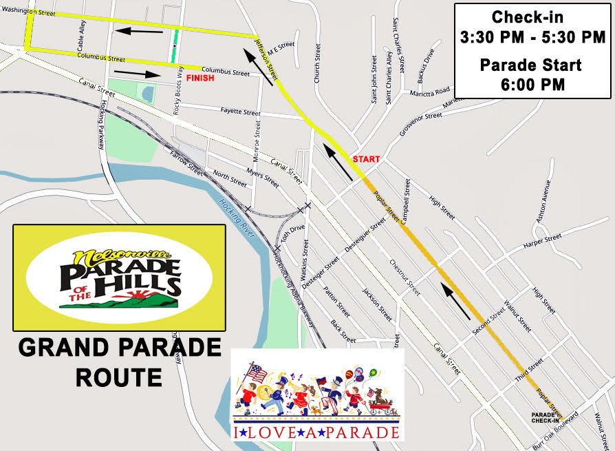 map of the parade route for parade of the hills